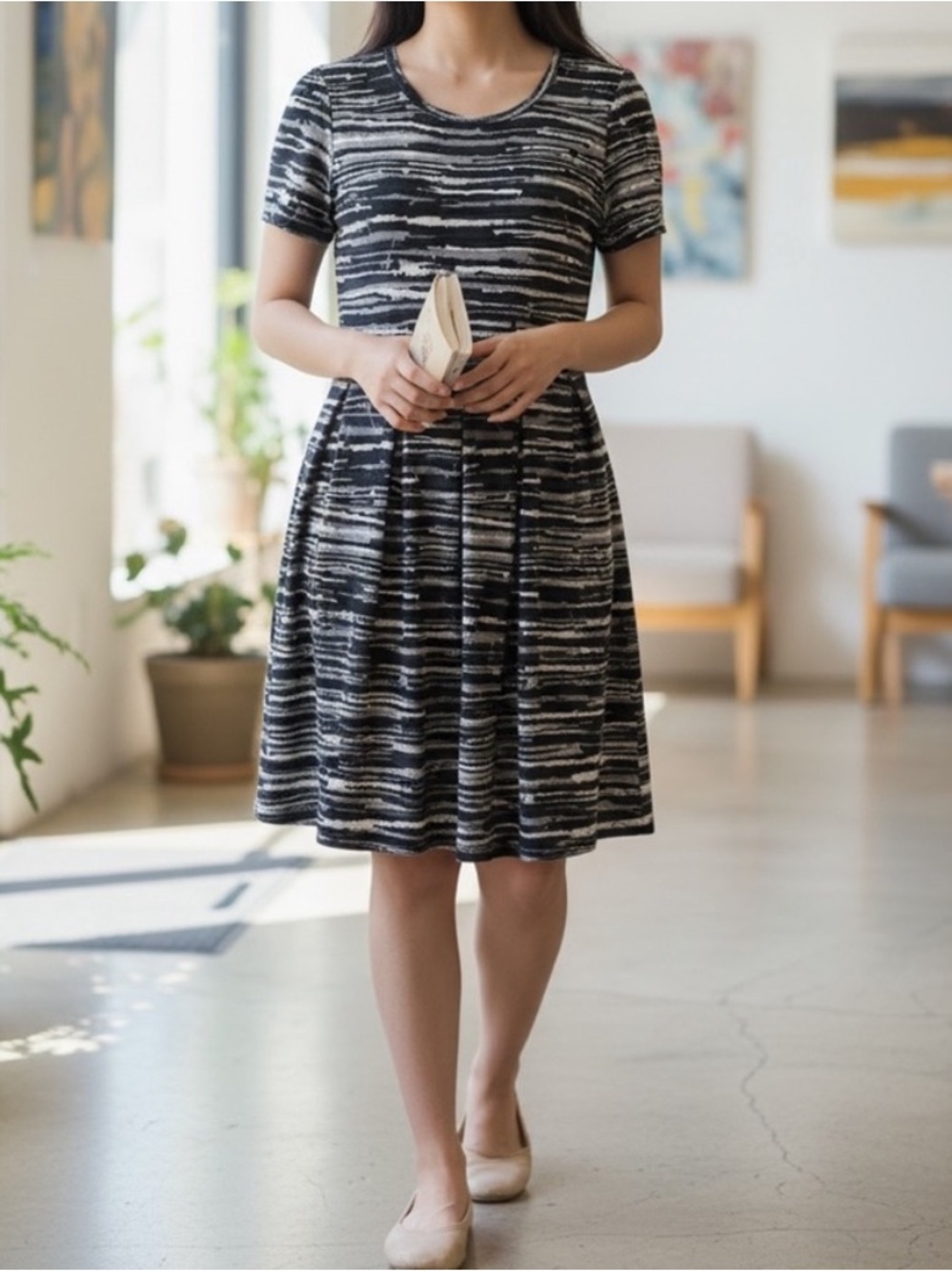 NEW• Classic Black Space Dye Unique Pleated Amelia Dress• 2X